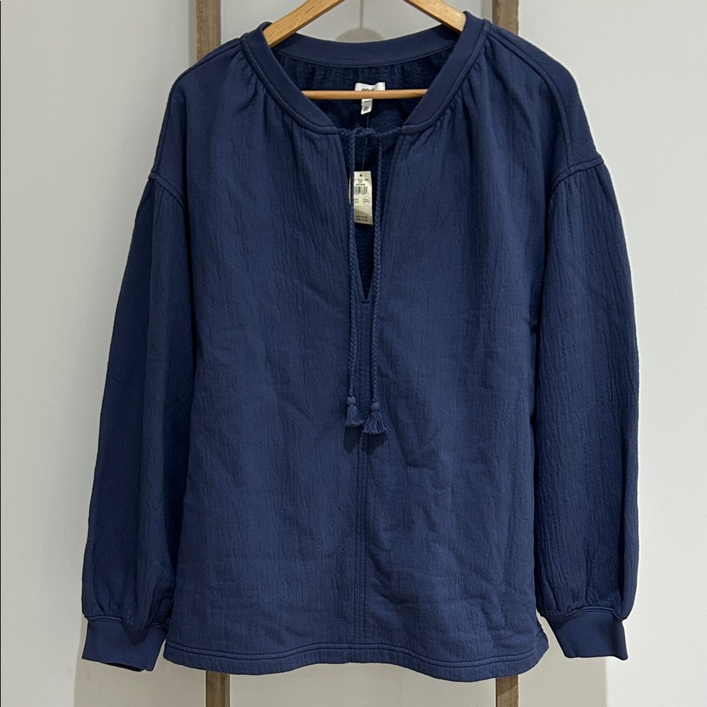 Women's Navy Long-Sleeve Tie-Neck Top